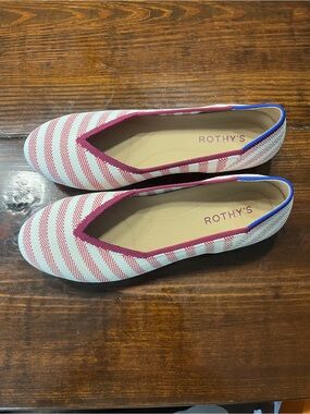 Rothy's Red and White Striped Slip-On Flats with Blue Trim